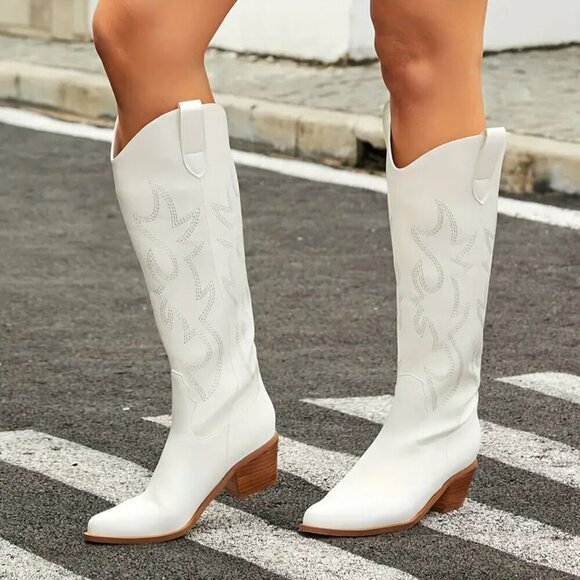 HIGH QUALITY*DUBAI Shoes - Western Cowboy Knee High Boots (Color: White) (Size: 10)